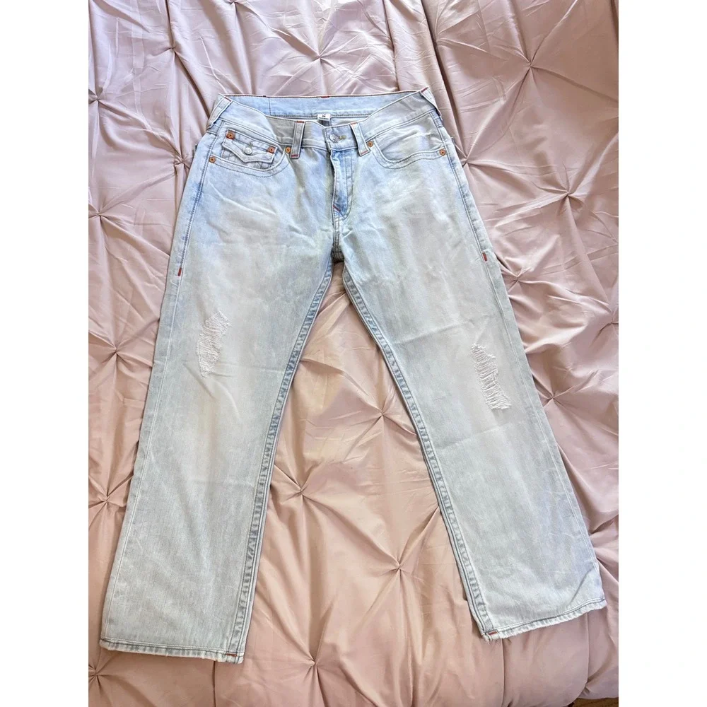 True Religion Mens Straight Seat Light Wash Distressed Y2K Jeans Size 34